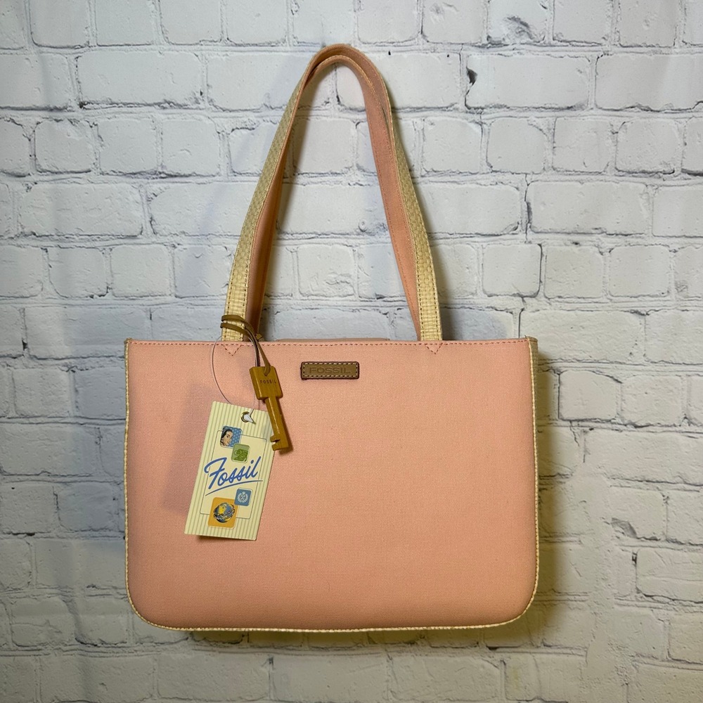 Fossil Nottinghill Shopper Tote Bag Pink Canvas Straw Gingham Lining New Tags